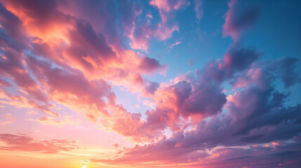 Real majestic sunrise sundown sky background with gentle colorful clouds without birds. - obrazy, fototapety, plakaty