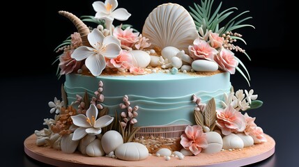 A tropical beach-themed cake with layers resembling waves, adorned with edible seashells, palm trees, and a fondant beach umbrella