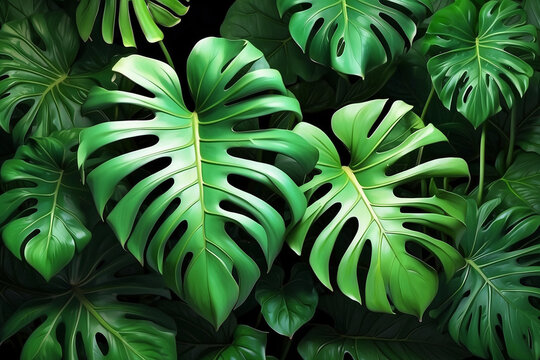 Realistic 3d green Monstera Leaves with Seamless Pattern Background with. Generative AI	