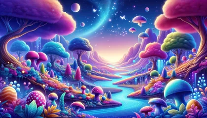 Schilderijen op glas Fantasy landscape with fantasy trees and mushrooms. 3D illustration. © Christiankhs