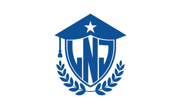 LNJ three letter iconic academic logo design vector template. monogram, abstract, school, college, university, graduation cap symbol logo, shield, model, institute, educational, coaching canter, tech