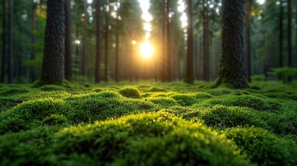 Closeup of green moss covering stone in forest and beautiful warm sunlight in the morning through big tree. - obrazy, fototapety, plakaty