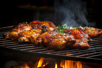 It delicious to roast bake chicken legs on charcoal grill that is flaming with flames AI Generation