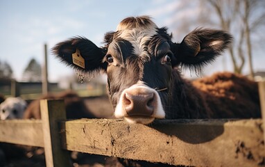 a close up of a cow sticking its head over a fence wooden