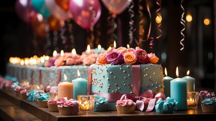 A vibrant and festive birthday party setup with colorful balloons, streamers, and a beautifully decorated cake surrounded by party favors and presents. The scene is filled with excitement and joy - obrazy, fototapety, plakaty