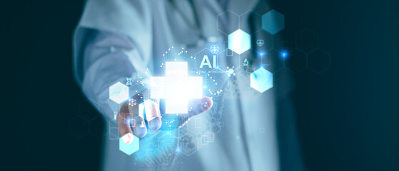 Medical technology, doctor use AI robots for diagnosis, care, and increasing accuracy patient...