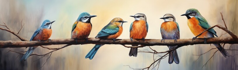 Fototapeta premium Five Colorful Birds Perched on a Branch