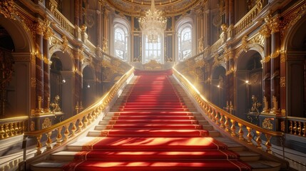 A grand staircase with red carpet in a luxurious palace interior.