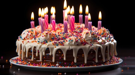 A vibrant and playful cake covered in sprinkles, with a cluster of fifty candles shining brightly