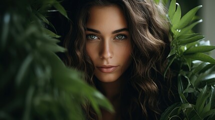 Beautiful young woman's face with natural makeup and green eye behind green leaves while looking at the camera - obrazy, fototapety, plakaty