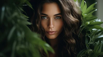Foto op Plexiglas Beautiful young woman's face with natural makeup and green eye behind green leaves while looking at the camera © Mas
