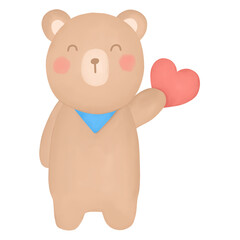 cute teddy bear holding pink heart. watercolor style. isolated on transparent background