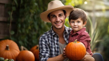 Fototapeta premium A Farmer family and his children holding fresh pumpkins Showing it to the camera in the backyard vegetable garden.