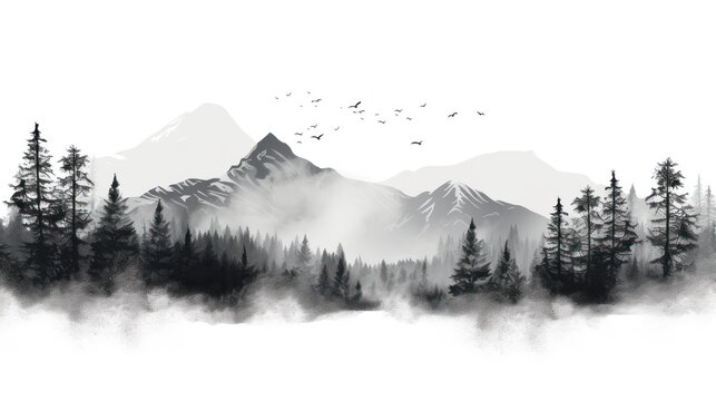 A Black And White Mountain Range, Landscape, Tree Symbols, Stencil Vector Illustration.