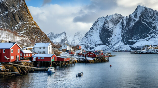 View on the house in the Hamnoy village, Lofoten Islands, Norway. Generative AI