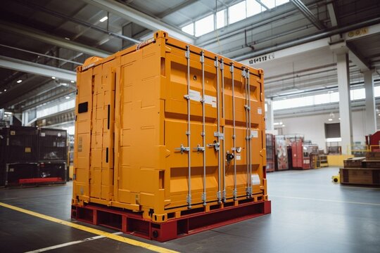 Container on pallet in warehouse, advanced tech, industrial logistics. Generative AI
