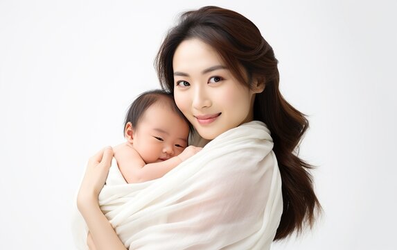 Pretty asian woman smile and holding a newborn baby in her arms. A hug of affection. love people concept
