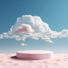 pink podium with clouds in the blue sky.