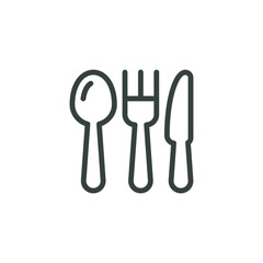 Outline Icon Tablespoon Fork Table Knife, Kitchen Cutlery Top View. Such Line sign as Dining Eating Tools, Restaurant Flatware. Vector Computer Isolated Pictograms on White Background Editable Stroke.