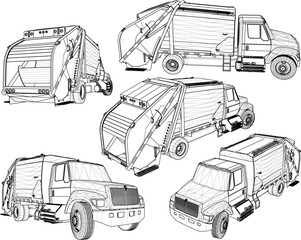 Vector sketch illustration of city garbage collection truck car design - obrazy, fototapety, plakaty