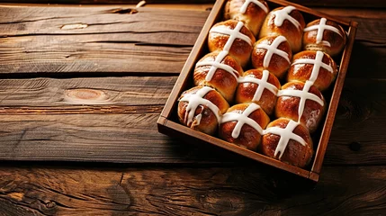 Fotobehang Hot cross buns on wooden © Mas