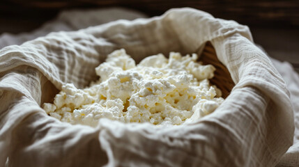 Homemade ricotta cheese draining in a colander with cheesecloth on a wooden table. Ai Generative