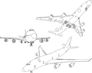 Vector sketch illustration of commercial airplane design with wide wings