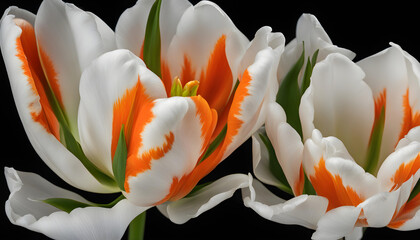 Two orange-white blooming tulip with green stem isolated on black background. 