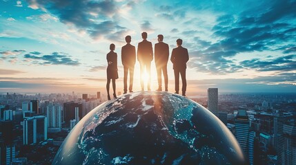 A team of business leaders atop a detailed globe, scanning the skyline, embodying global objectives - obrazy, fototapety, plakaty
