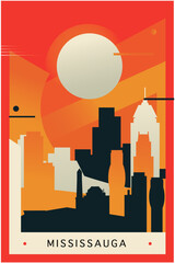 Mississauga city brutalism poster with abstract skyline, cityscape retro vector illustration. Canada, Ontario province travel cover, brochure, flyer, leaflet, presentation, template image
