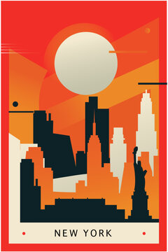 New York city brutalism poster with abstract skyline, cityscape NY state retro vector illustration. US travel front cover, brochure, flyer, leaflet, presentation template, layout image