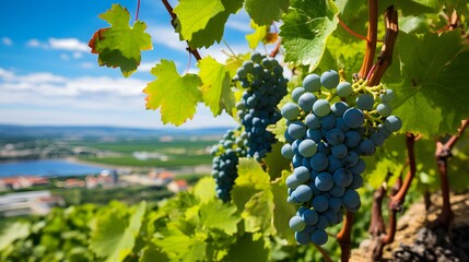 Blue grapes hanging on vine with lush leaves and panoramic landscape in the background