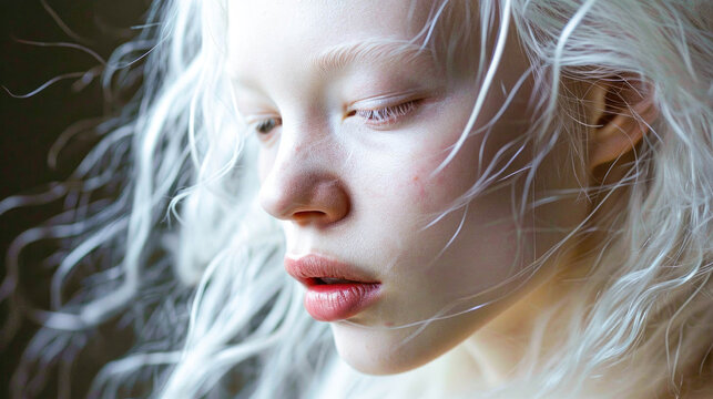 Young albino woman with pale skin and white, wavy hair, blue eyes, looking pensive
