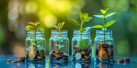 Stages of financial growth concept with coins and plant in jars. - obrazy, fototapety, plakaty