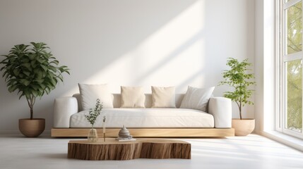 A Minimalist interior design of a modern living room, sofa and stump pillows, in a room with morning sunlight streaming through the window.