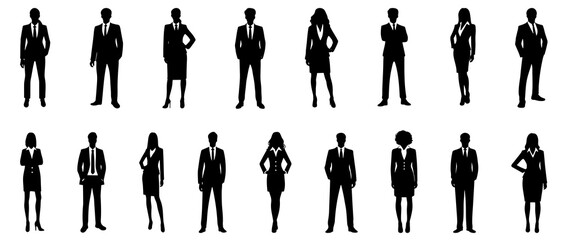 Businessman and businesswoman standing silhouette black filled vector Illustration icon Diverse Group of Business Silhouettes Standing Confidently in Professional Attire