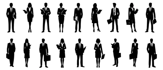 Fotobehang Standing businessman and woman with file silhouette black filled vector Illustration icon © iamabduss
