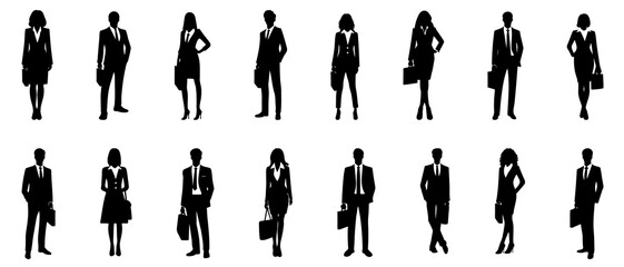 Confident Corporate Team Silhouettes Ready for Business with Briefcases Businessman and woman standing with bag silhouette black filled vector Illustration icon