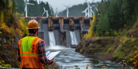 An engineer in a reflective vest looking over a hydroelectric dam with wind turbines in the background.