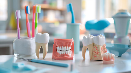 Dental Hygiene Tools and Models Displayed in a Bright Dentist's Office - obrazy, fototapety, plakaty
