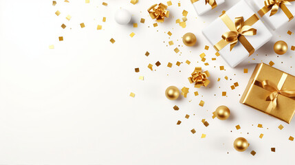 Golden Christmas Gifts and Glittering Decorations on White Background - Festive Holiday Banner Design with Copy Space for Text