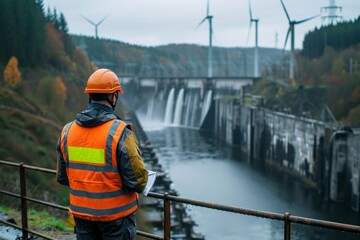 An engineer in a reflective vest looking over a hydroelectric dam with wind turbines in the background.