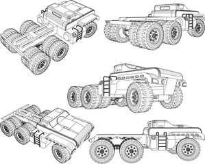 Vector sketch illustration of design for heavy equipment, car, truck, transportation for mining areas