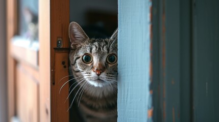 Curious Cat Peeking Through the Door in a Cozy Home Environment