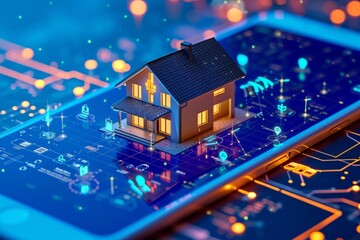 Obraz premium A conceptual smart home automation interface with a 3D house model emerging from a smartphone.