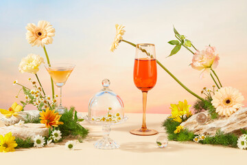 Daisies are displayed on a glass pedestal, above is a glass dome cover. Fresh flowers and green grass are decorated with stone slabs. A cocktail and a glass of wine stand out against the sunset sky.