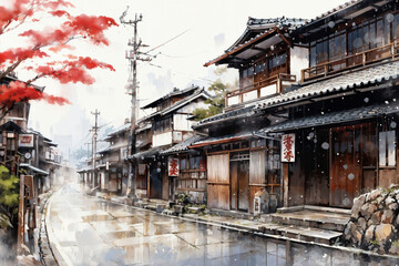 Fototapeta na wymiar 雪化粧の侘び寂びのある日本家屋の町並み