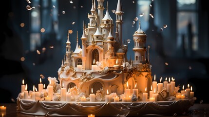 A whimsical fairytale castle cake with a hundred flickering candles, transporting you to a magical realm of enchantment - obrazy, fototapety, plakaty
