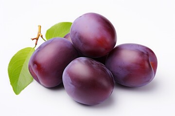 Obraz premium purple plum isolated on a white background. violet fruit, a bunch of berries with leaves.