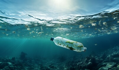 Environment Day, underwater photography plastic bottlle on the sea, theme environmental pollution